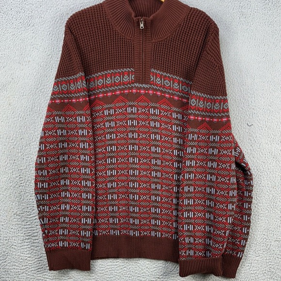 L.L. Bean Organic Cotton Sweater Pullover Mens 3XL Brown Fair Isle Quarter Zip
